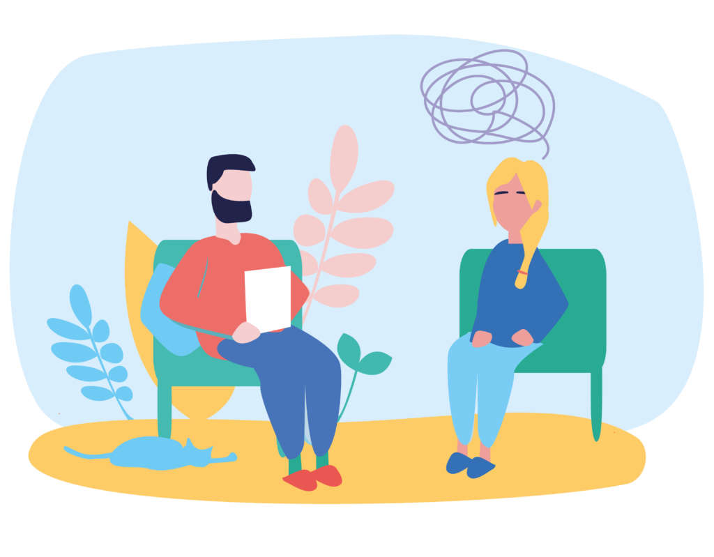 Illustration d'une séance d'accompagnement en psychothérapie, avec un thérapeute et un client en cabinet ou en visioconsultation.